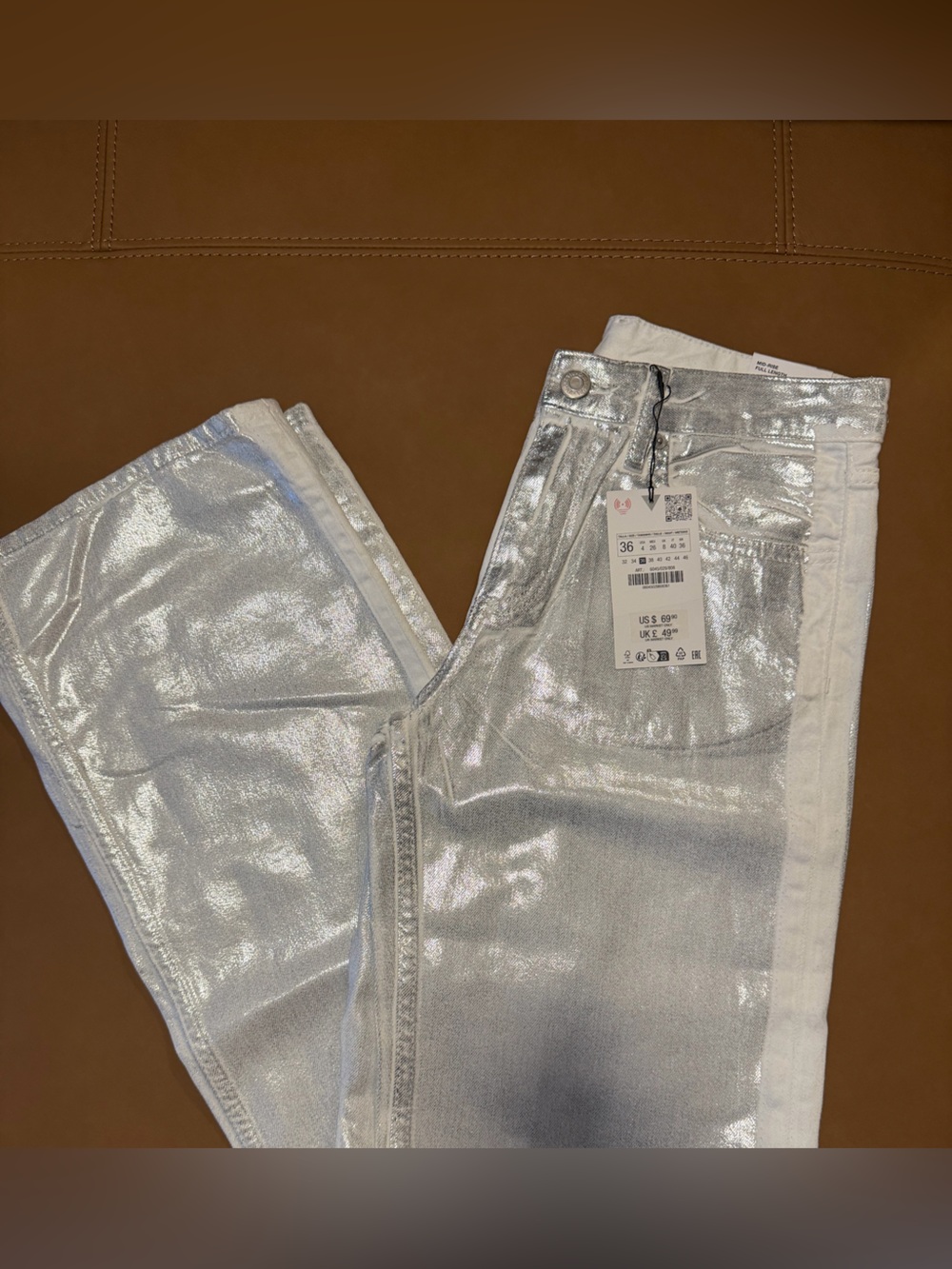 ZARA Silver Metallic Straight-Leg Jeans